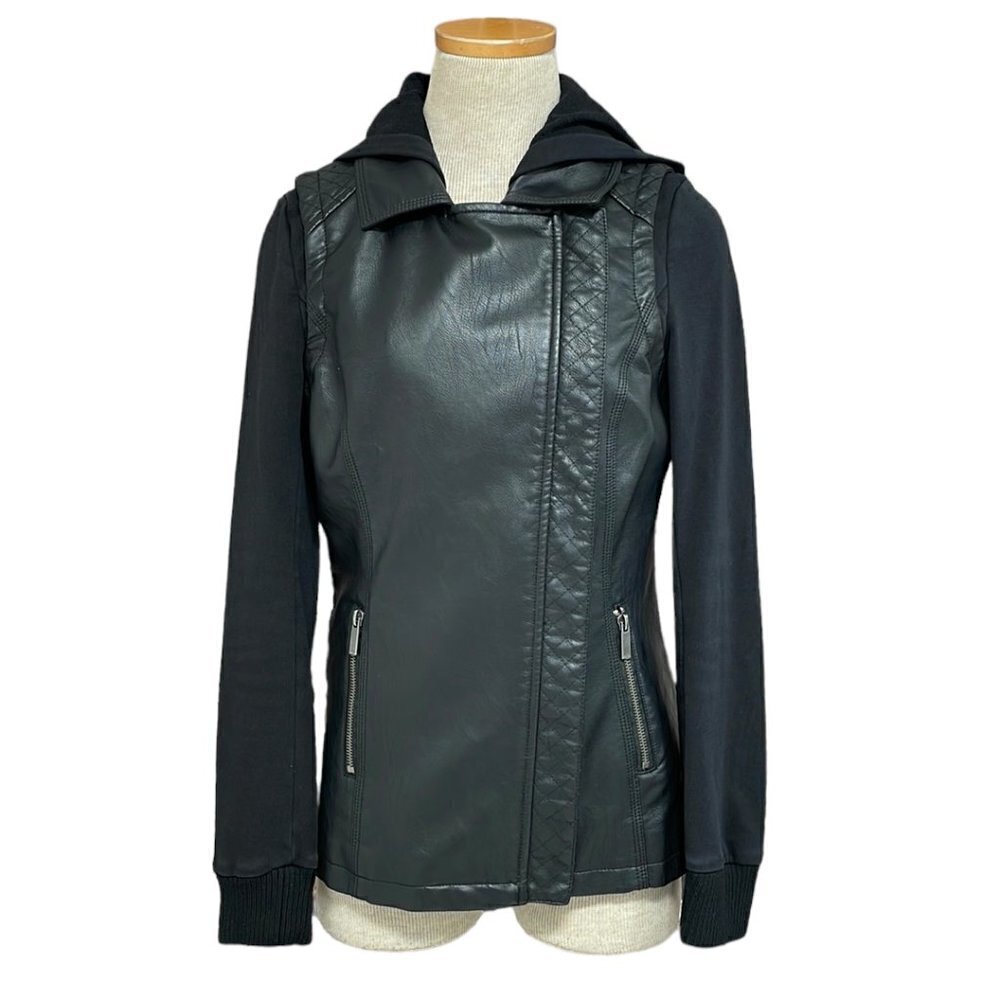 BNCI Moto Jacket Bomber Coat Black Faux Leather Hood Size X Small XS